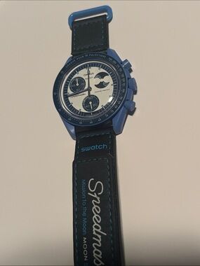 Swatch Blue and White Speedmaster-Style Chronograph Watch just a little scratch